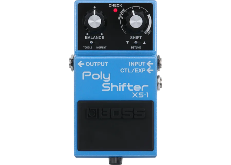 Boss XS-1 Poly Shifter pedal, top-down view of the knob and footswitch layout